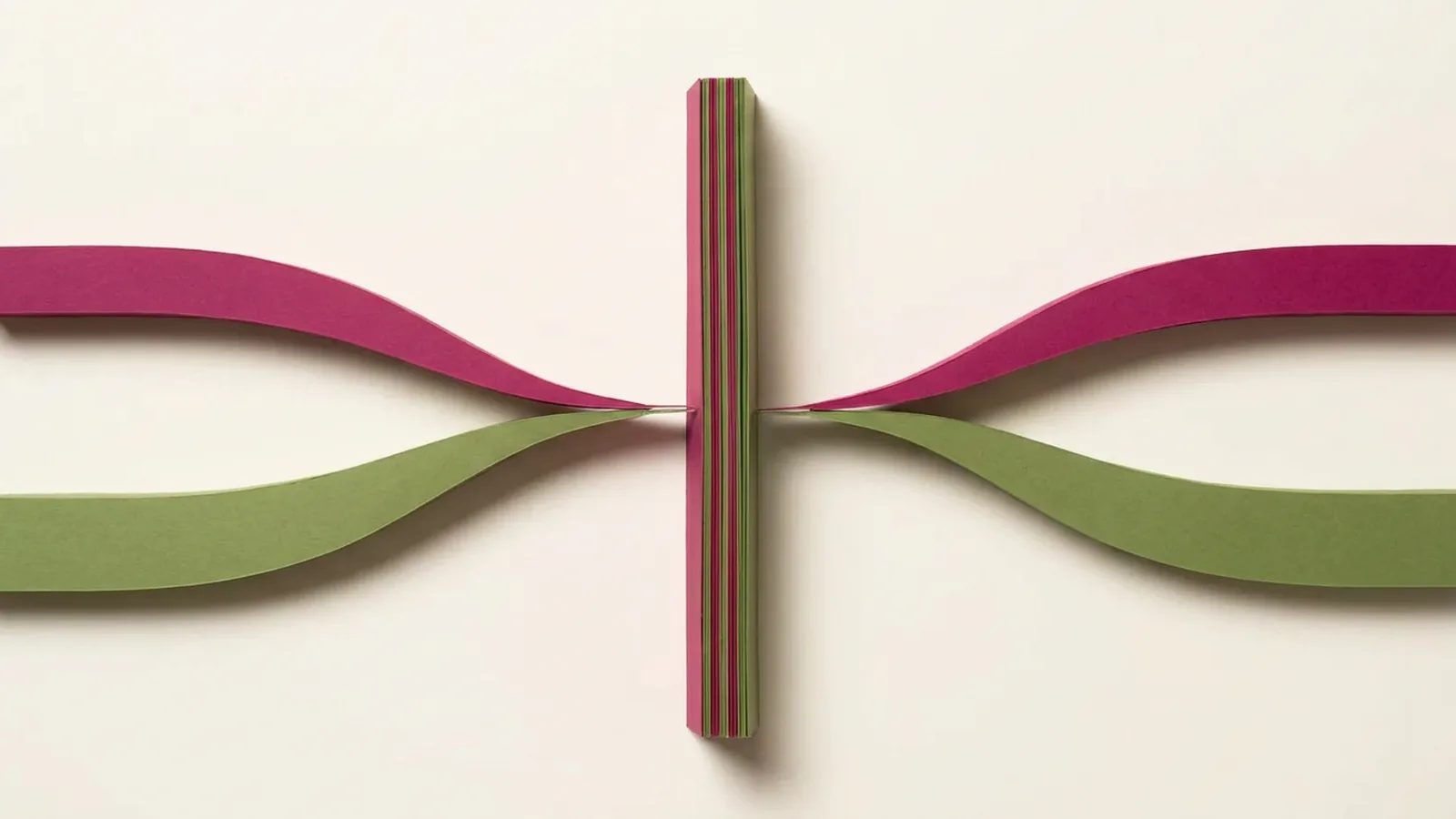 Paper-craft illustration of two ribbons approaching from opposite sides and thinning almost to nothing at the slender divider between them