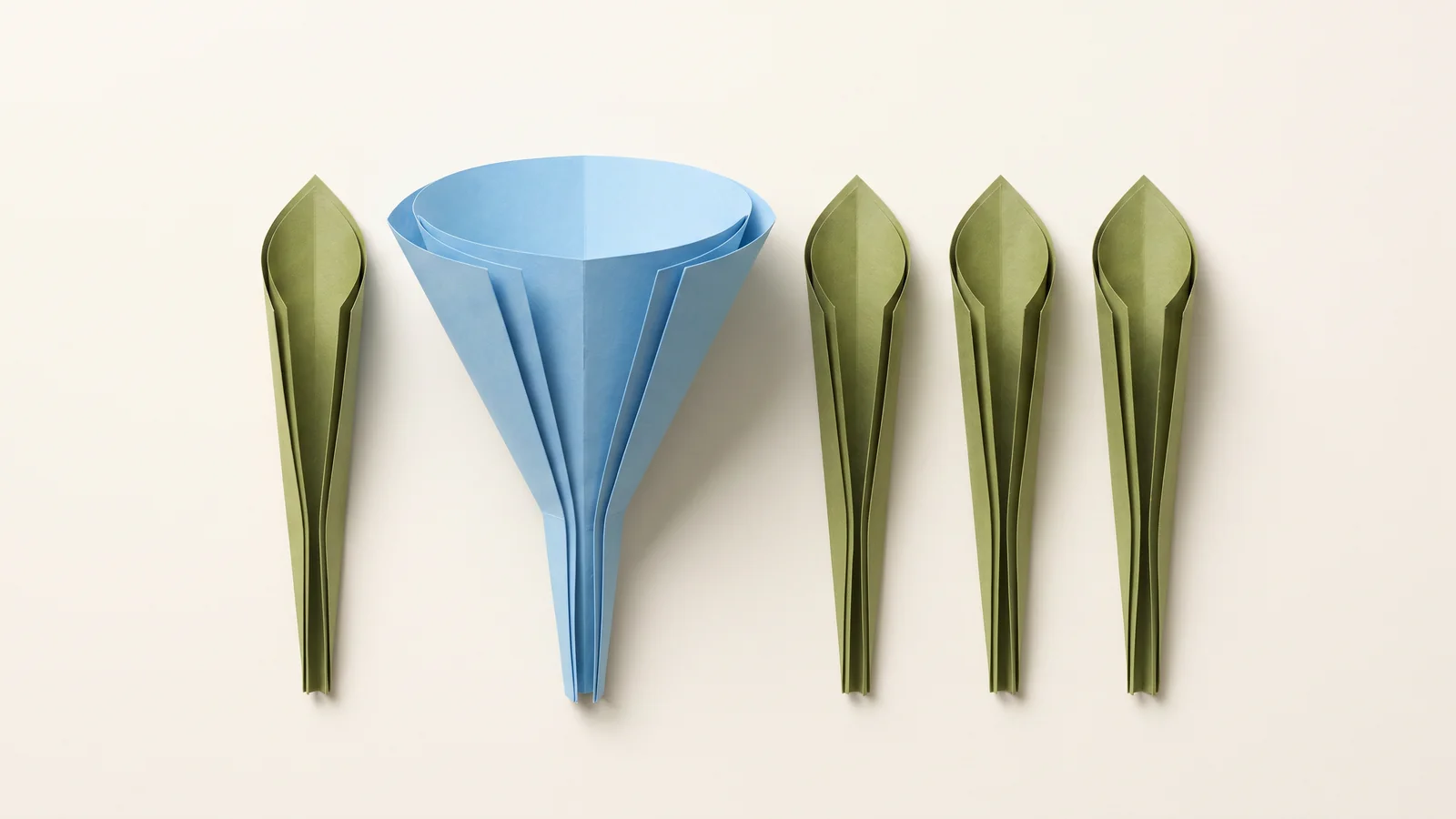 Paper-craft illustration of five funnels in a row, one far wider than the rest